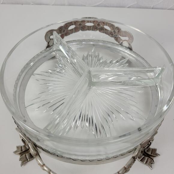 Vintage Rodney Kent Divided Glass Dish Hand Wrought Aluminum Floral Tulip Cover - Picture 3 of 16